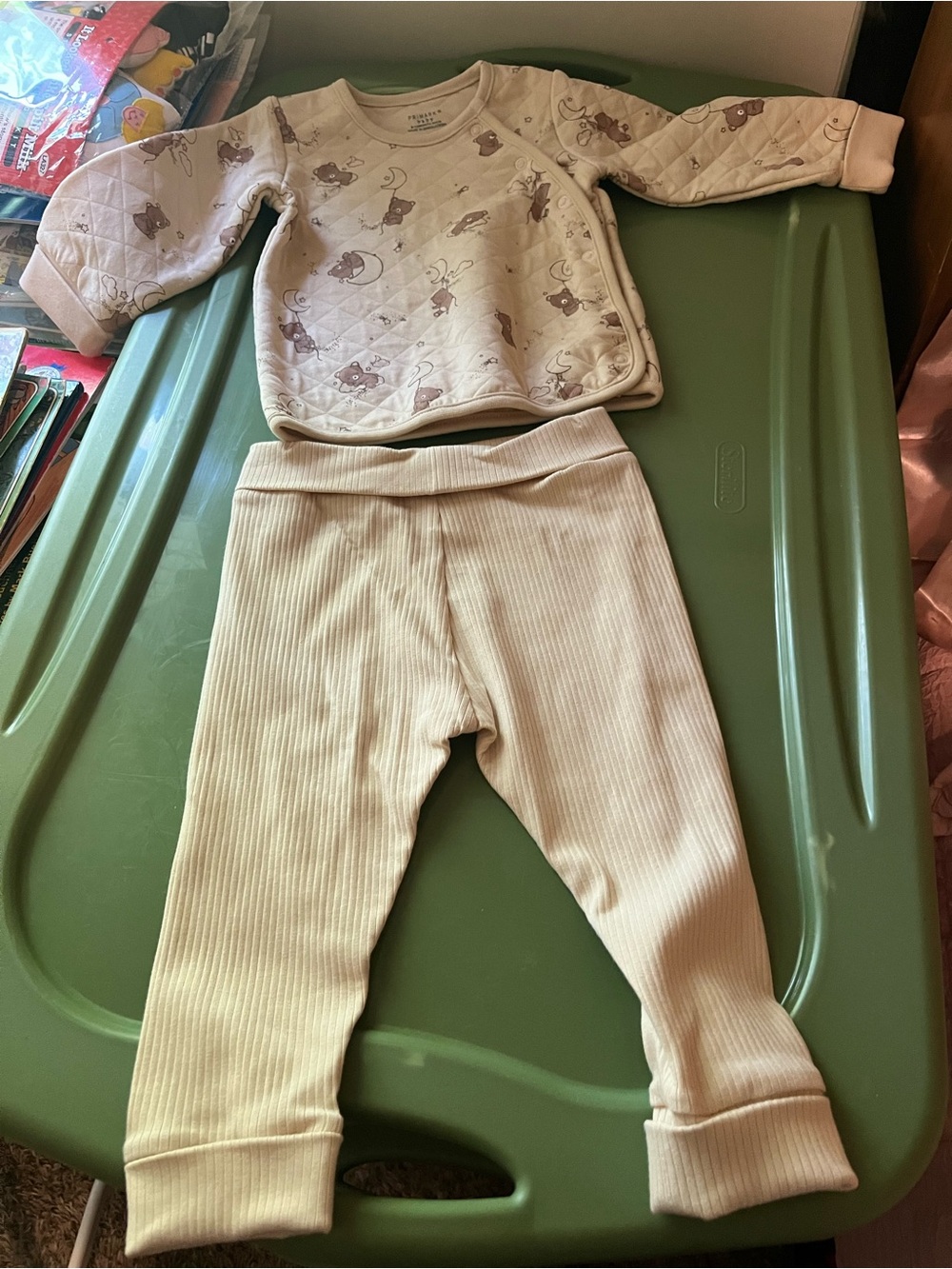 Primark Cream Ribbed Kids Leggings Set with Animal Print Top